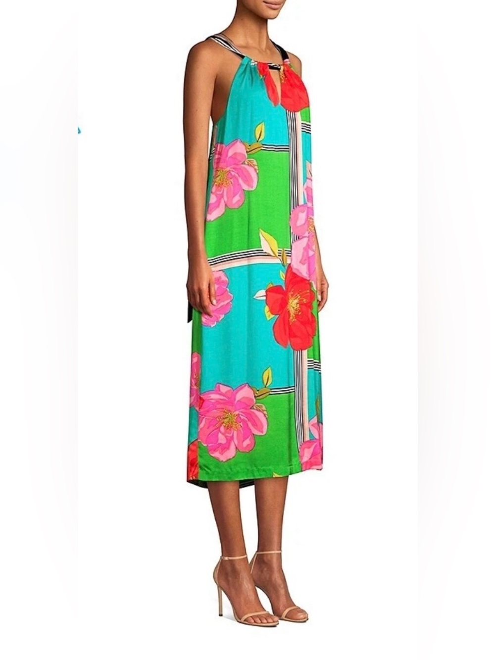 Trina Turk Rose Floral Halter Midi Dress Size 2 Bright Tropical Resort Vacation